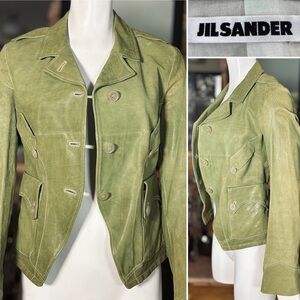 Jil Sander Olive Green Button front Single Breasted Real Leather Jacket, Sz 2